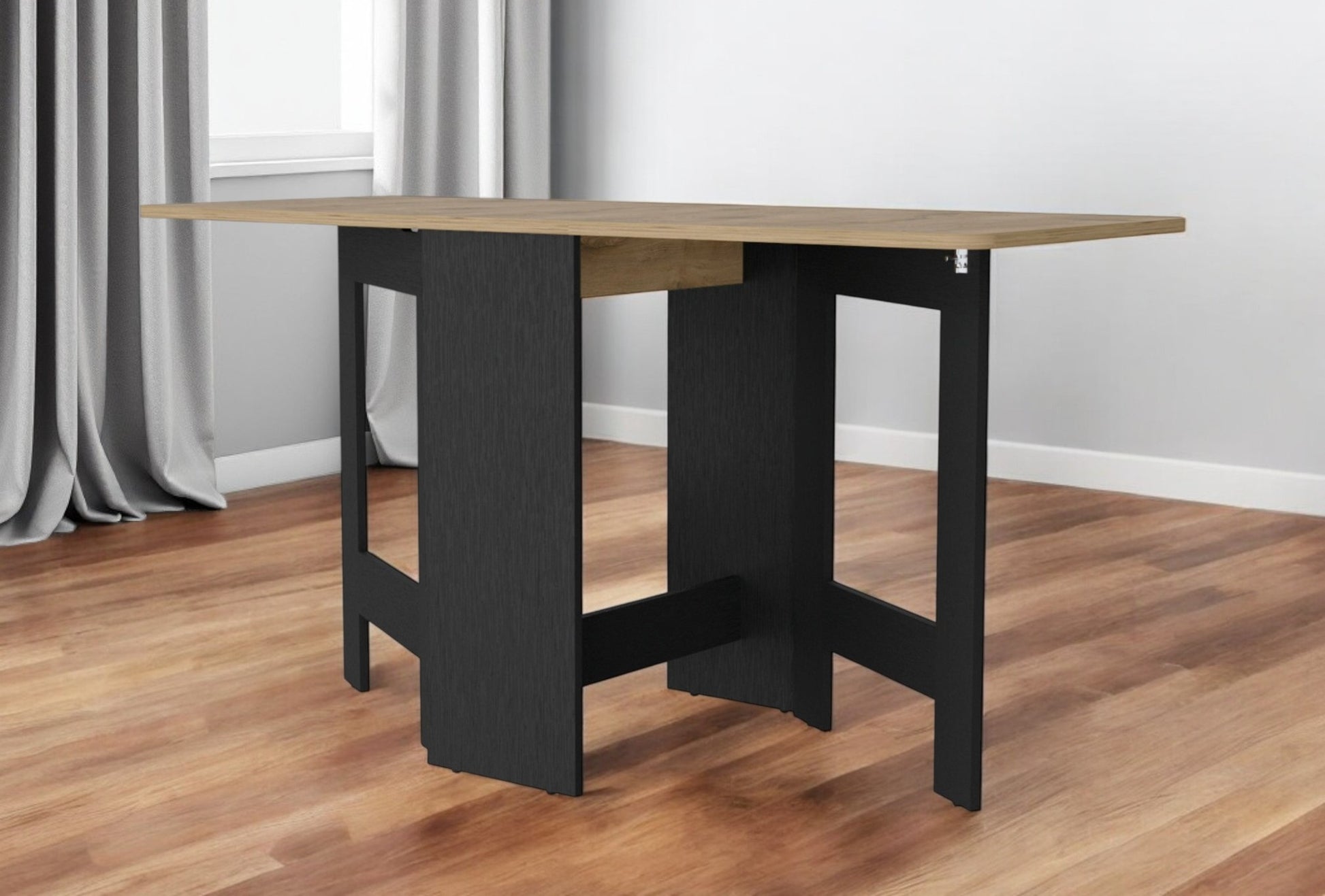 24" Wood Brown And Black Drop Leaf Trestle Base Dining Table-1