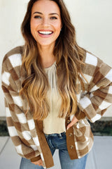 Checker Sherpa Button-Up Pocketed Cardigan