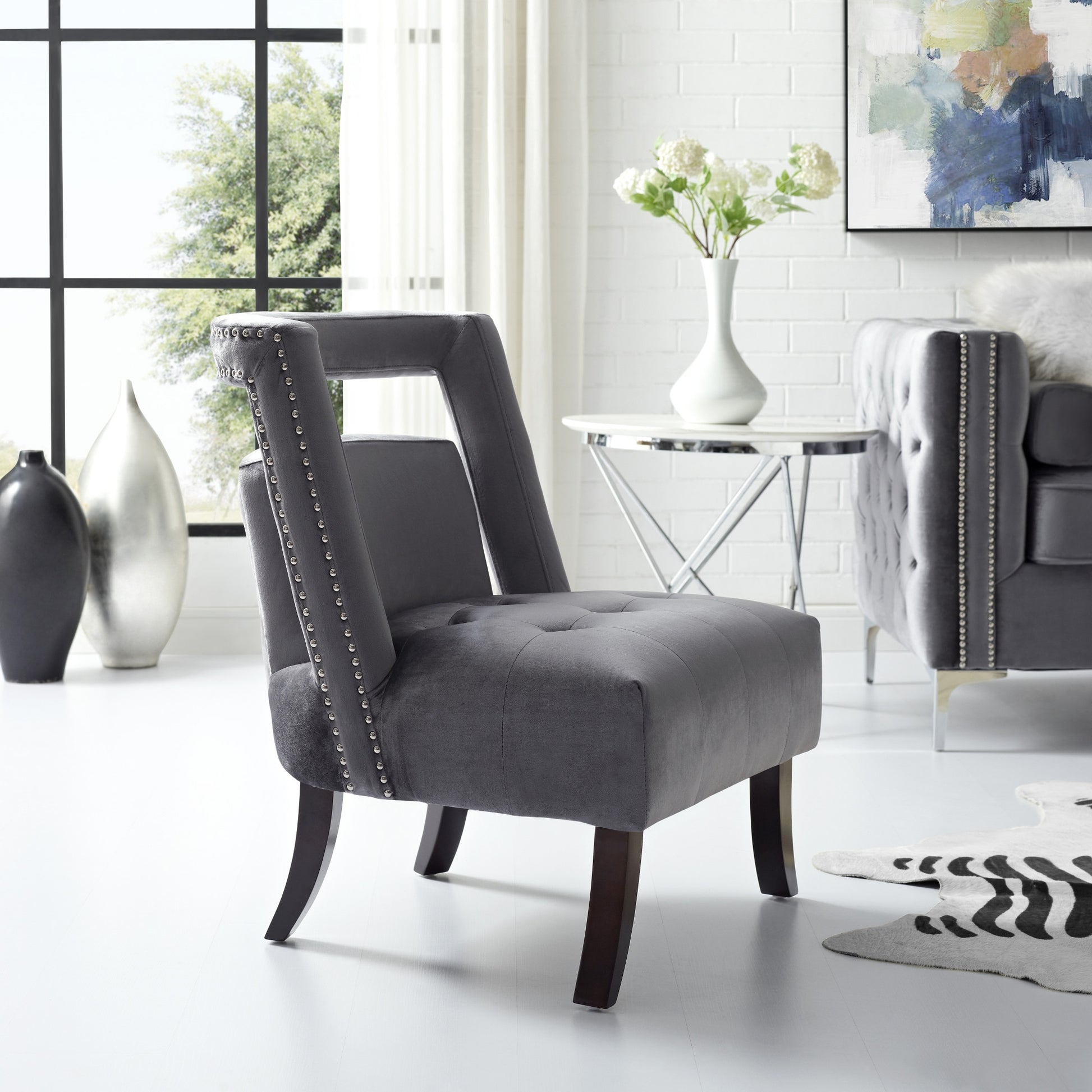 26" Gray and Black Velvet Tufted Side Chair-8