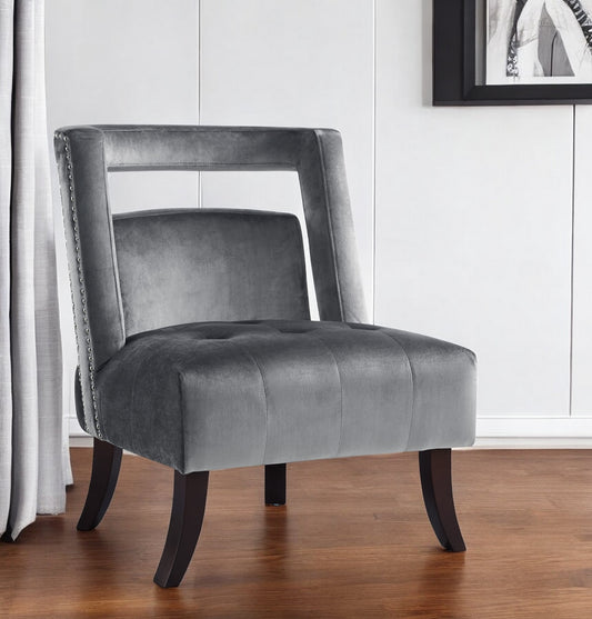 26" Gray and Black Velvet Tufted Side Chair-0