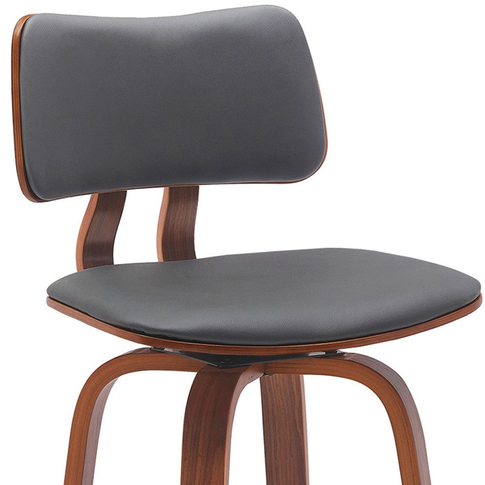 26" Gray And Wood Brown Faux Leather Swivel Low Back Counter Height Bar Chair-7