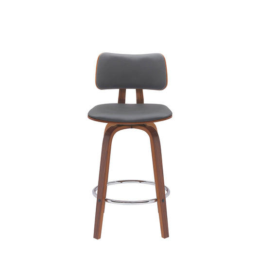 26" Gray And Wood Brown Faux Leather Swivel Low Back Counter Height Bar Chair-1