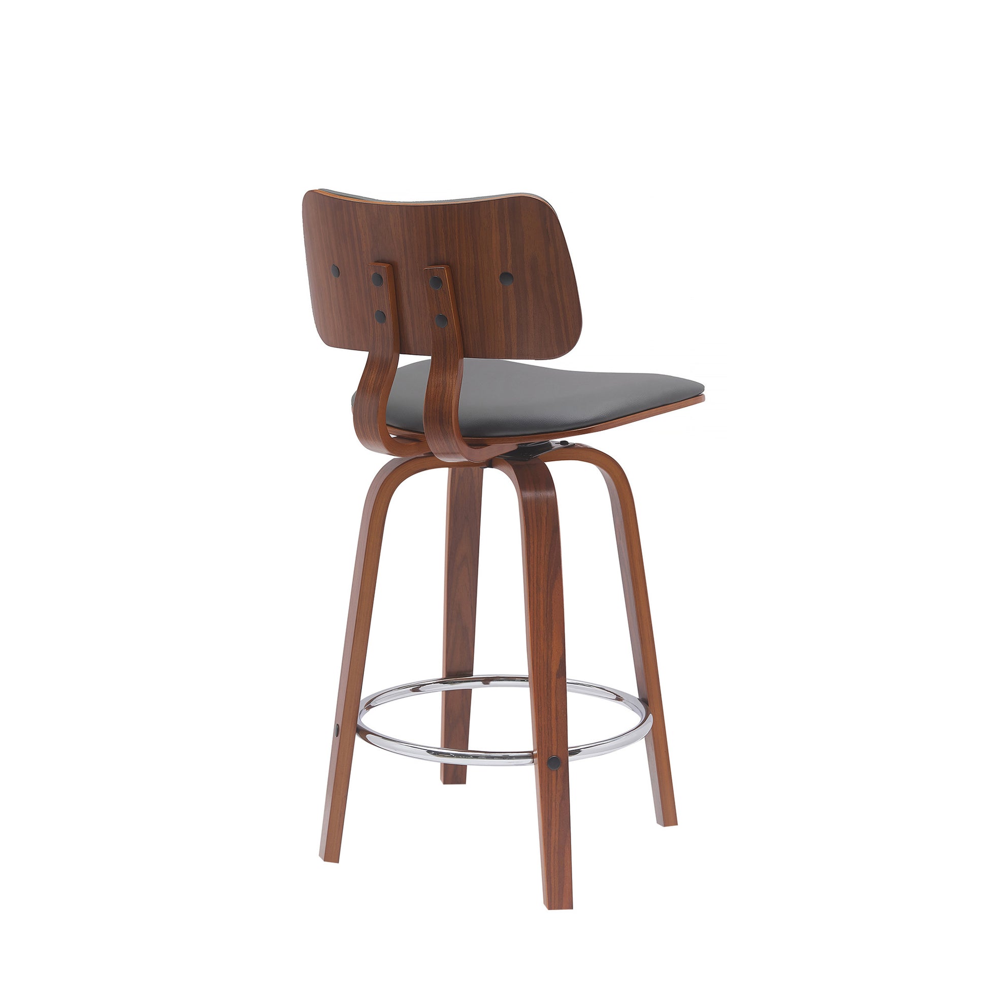 26" Gray And Wood Brown Faux Leather Swivel Low Back Counter Height Bar Chair-3