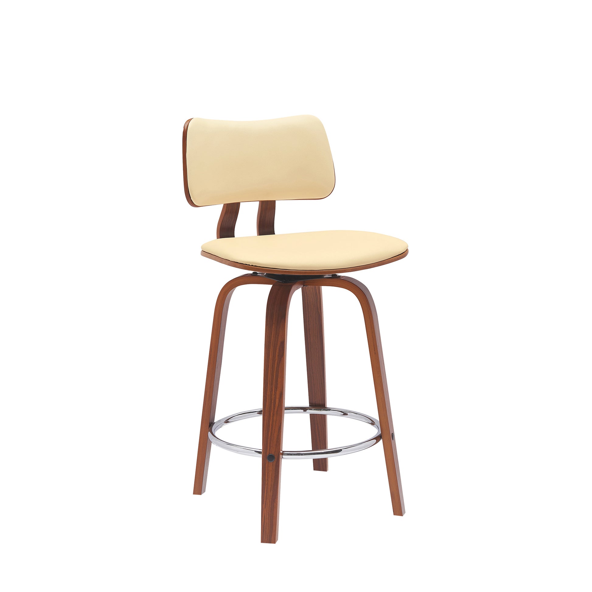 26" Cream And Wood Brown Faux Leather Swivel Low Back Counter Height Bar Chair-2