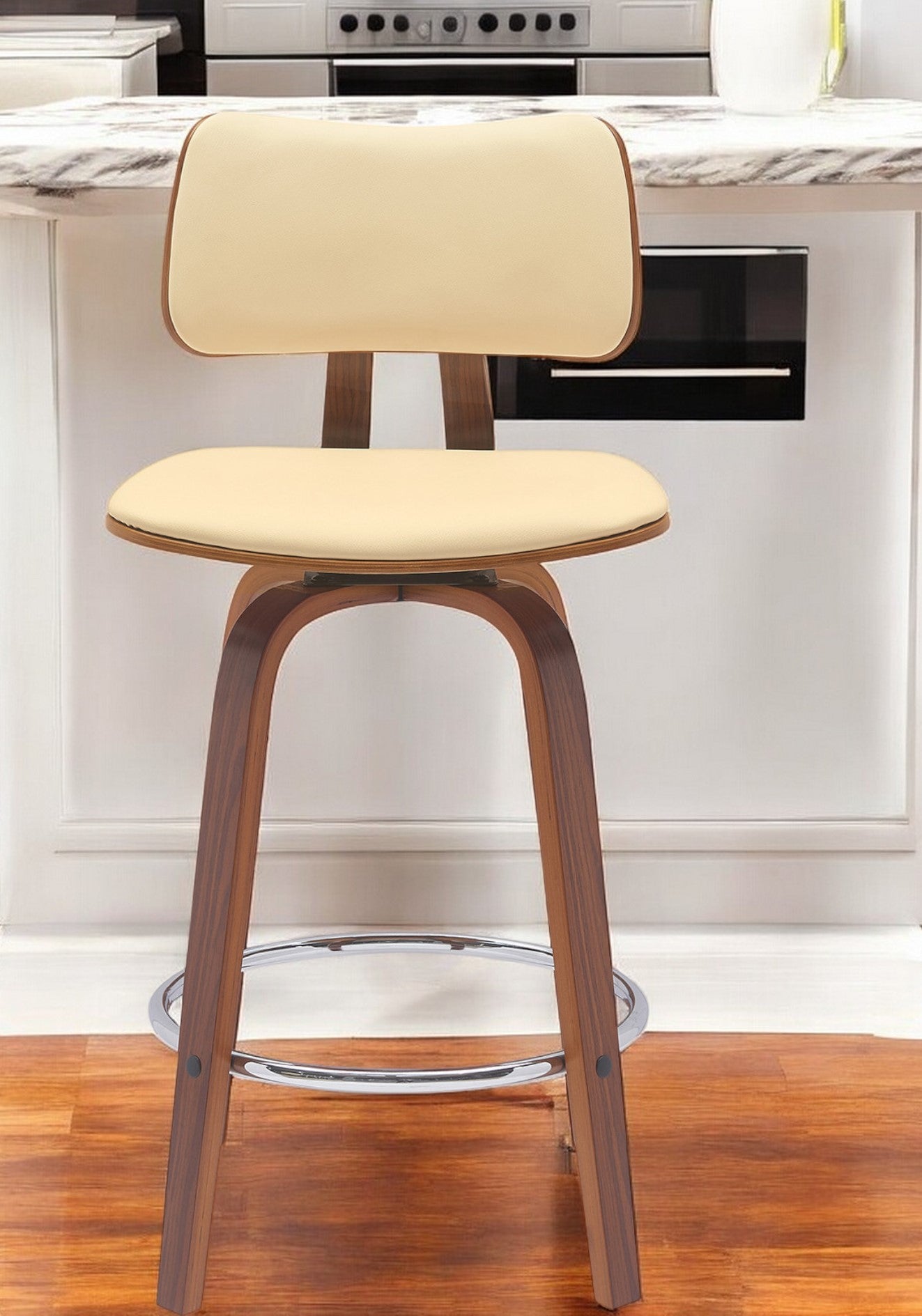 26" Cream And Wood Brown Faux Leather Swivel Low Back Counter Height Bar Chair-0