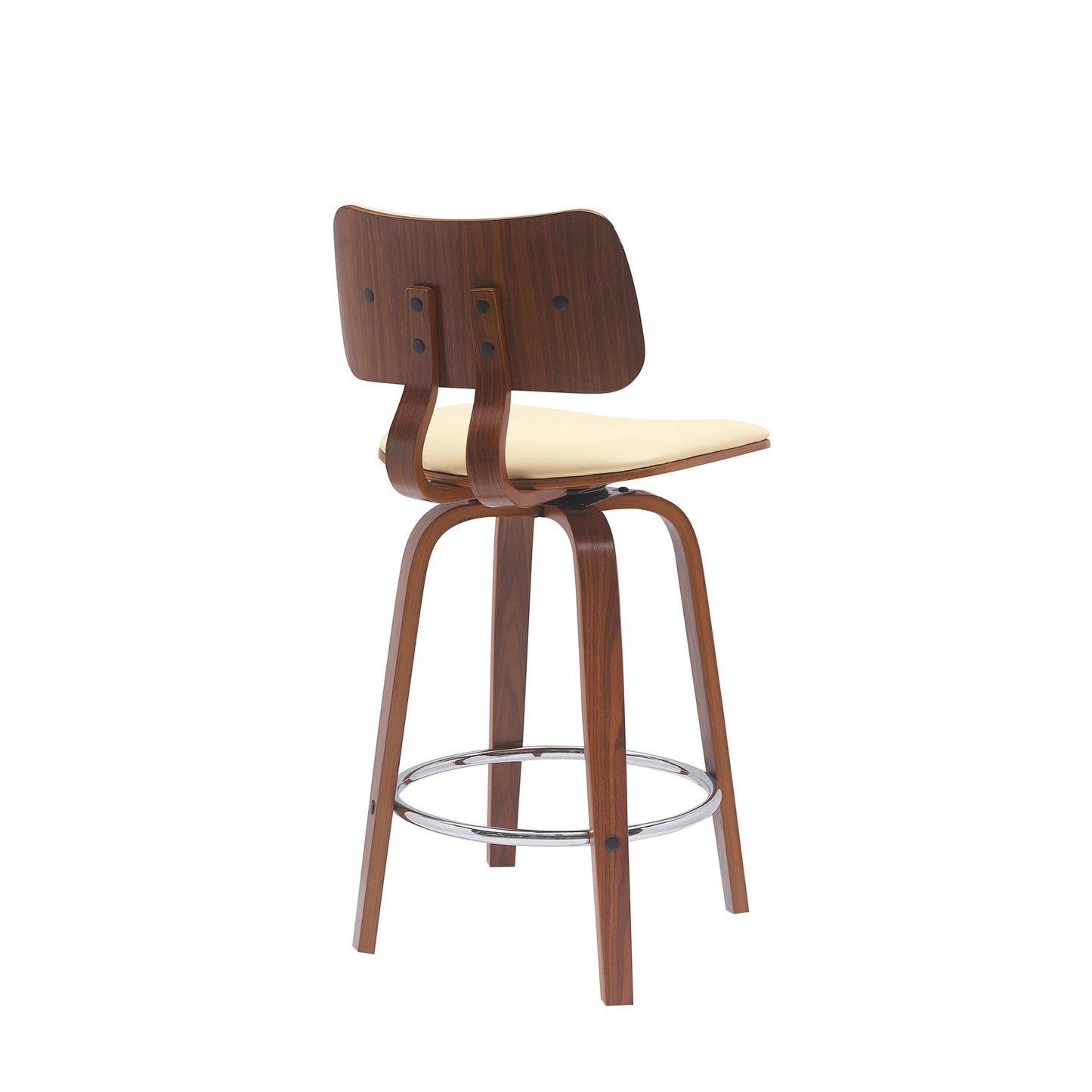 26" Cream And Wood Brown Faux Leather Swivel Low Back Counter Height Bar Chair-3