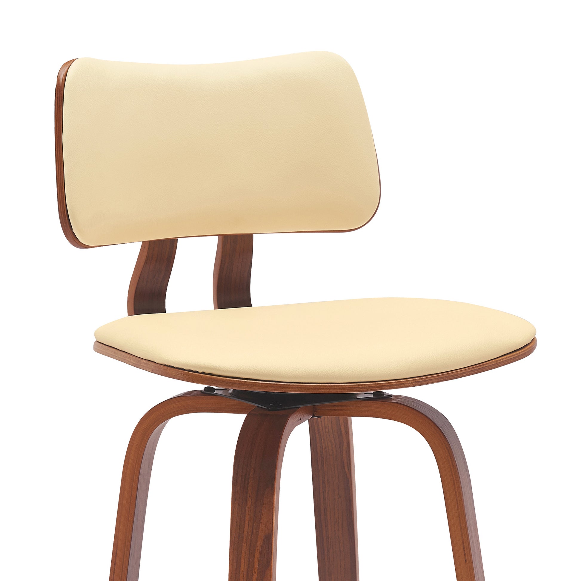 26" Cream And Wood Brown Faux Leather Swivel Low Back Counter Height Bar Chair-7