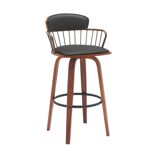 30" Black And Wood Brown Faux Leather Swivel Low Back Bar Height Bar Chair-0