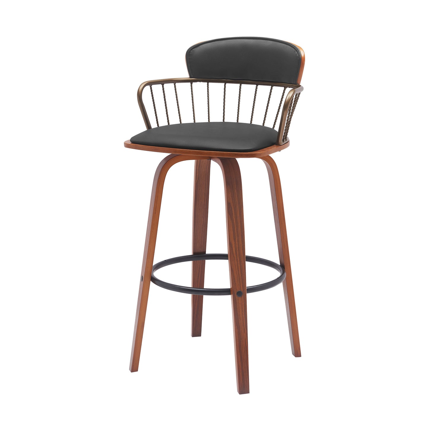 30" Black And Wood Brown Faux Leather Swivel Low Back Bar Height Bar Chair-5