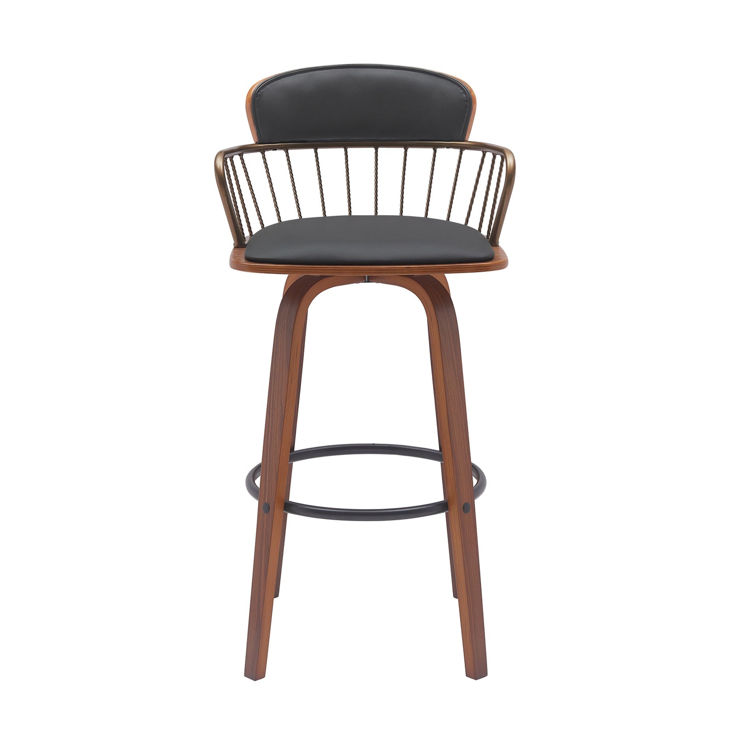 30" Black And Wood Brown Faux Leather Swivel Low Back Bar Height Bar Chair-3