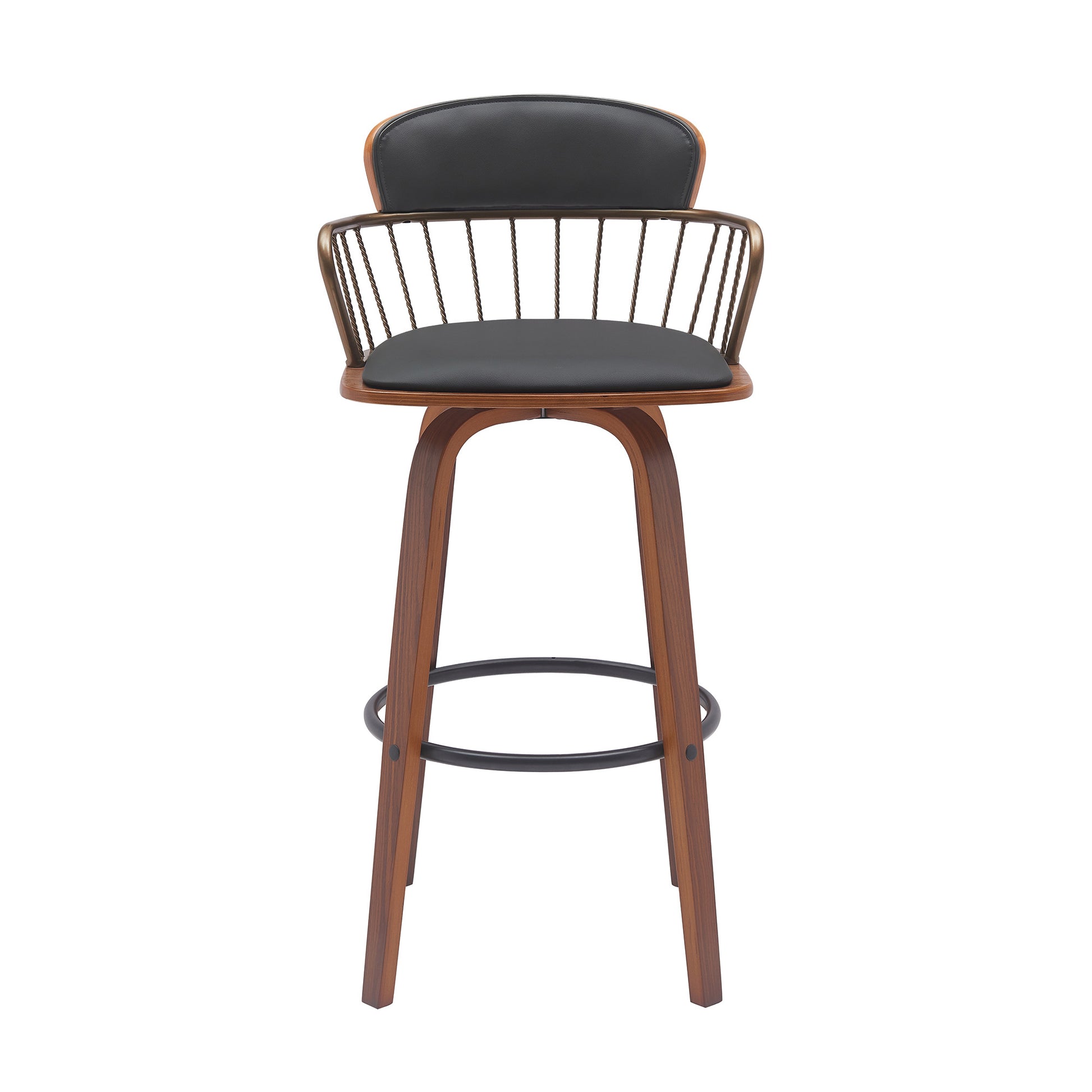 30" Black And Wood Brown Faux Leather Swivel Low Back Bar Height Bar Chair-3