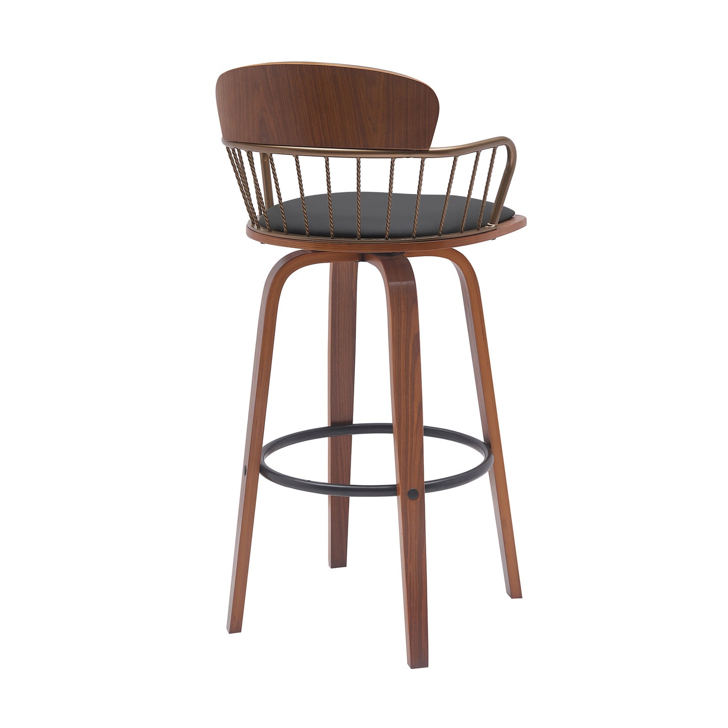 30" Black And Wood Brown Faux Leather Swivel Low Back Bar Height Bar Chair-4