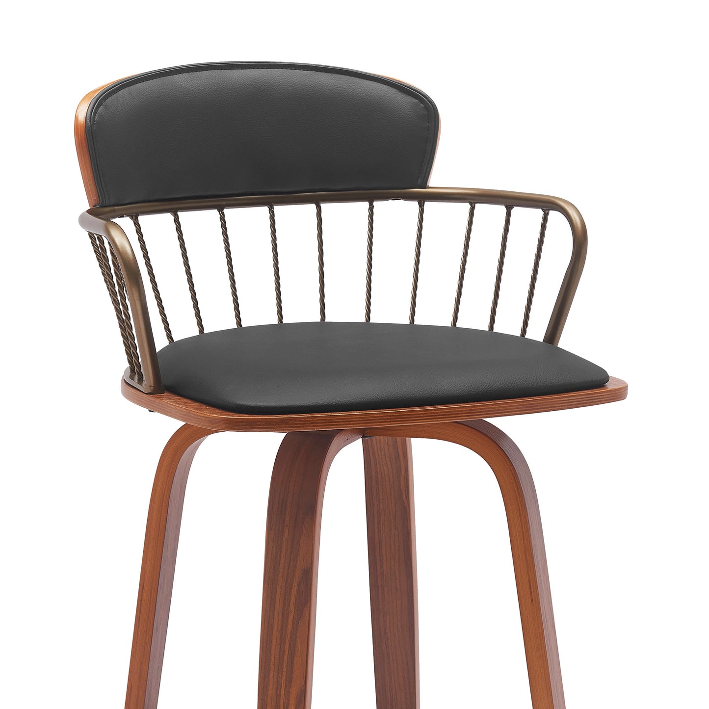 30" Black And Wood Brown Faux Leather Swivel Low Back Bar Height Bar Chair-6