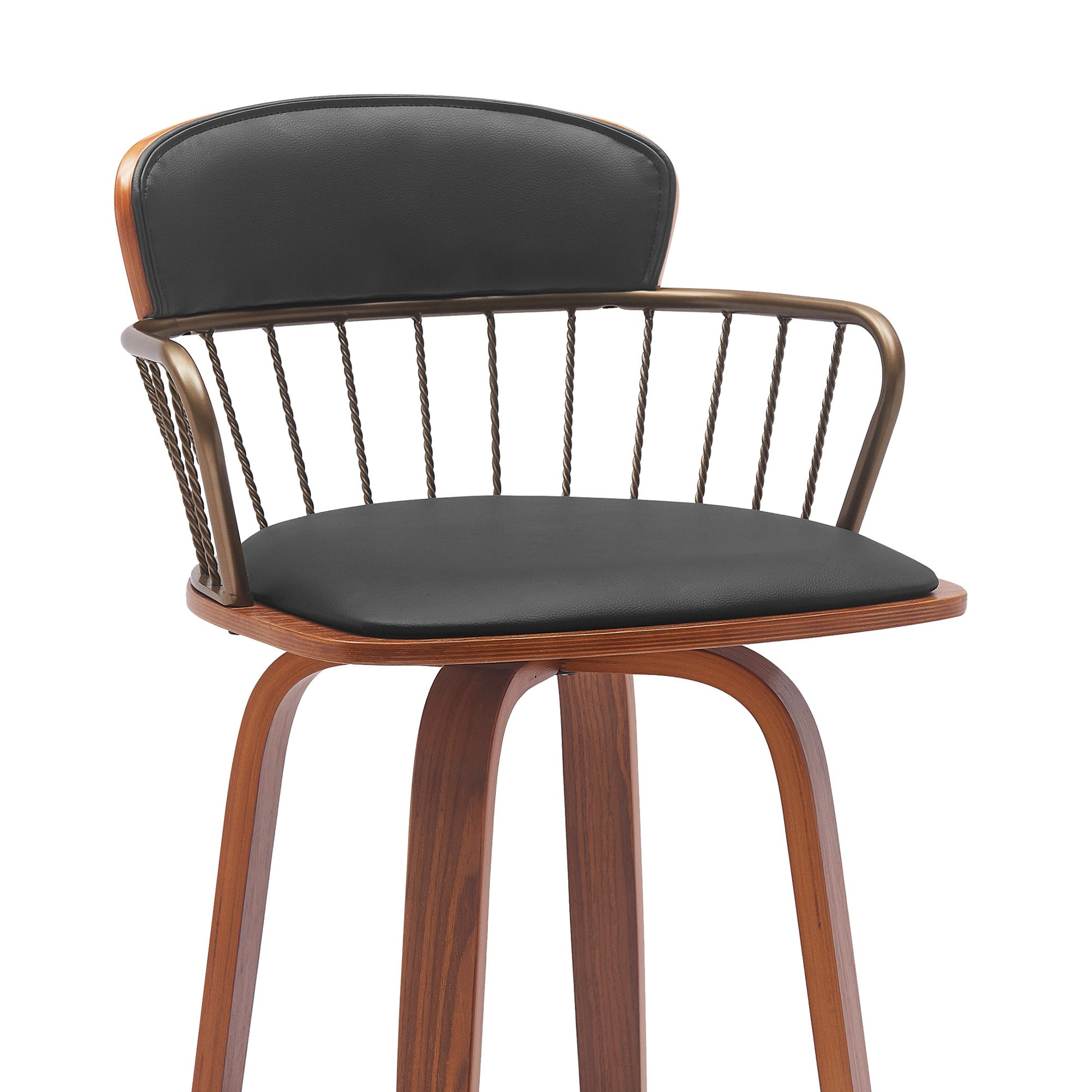 30" Black And Wood Brown Faux Leather Swivel Low Back Bar Height Bar Chair-6