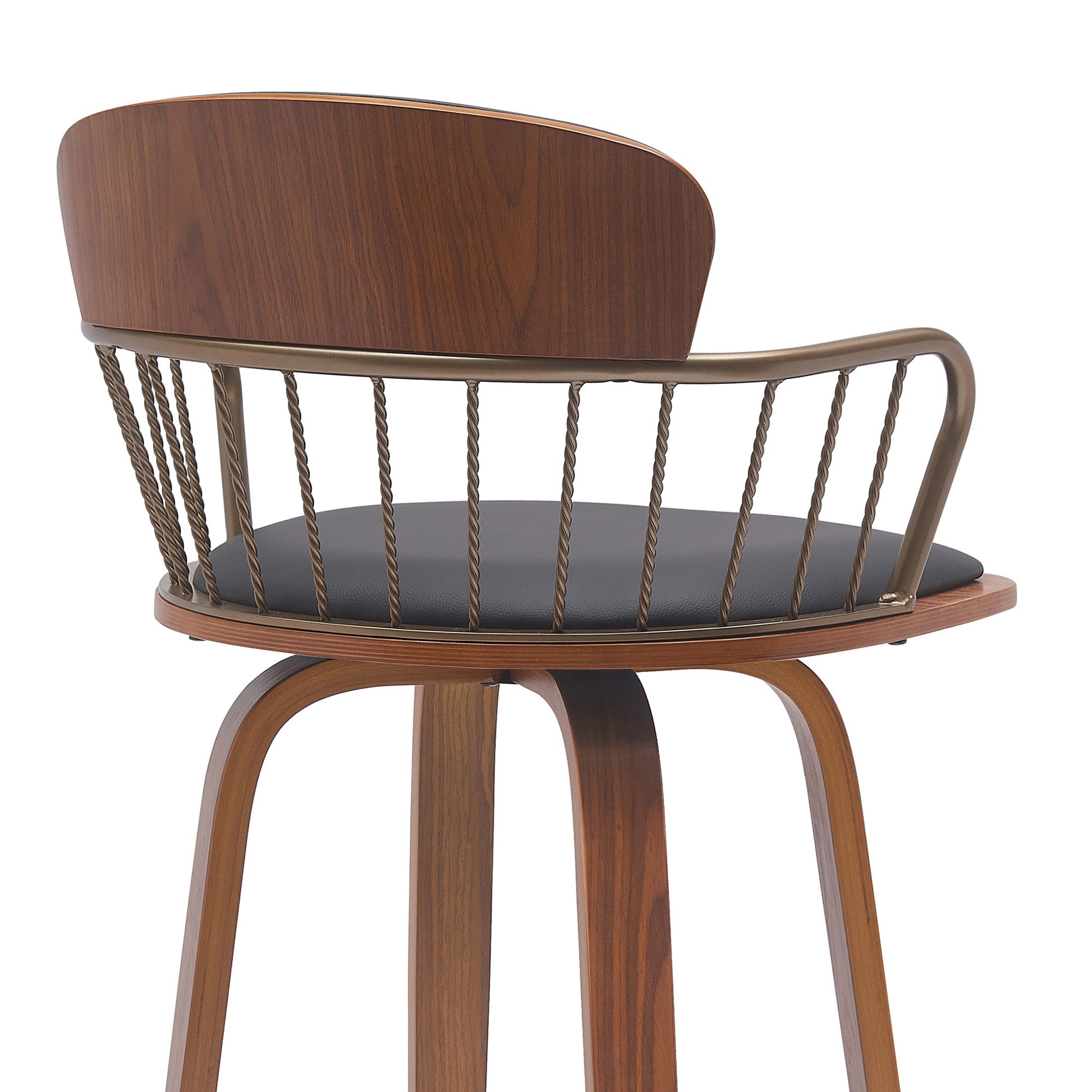 30" Black And Wood Brown Faux Leather Swivel Low Back Bar Height Bar Chair-7