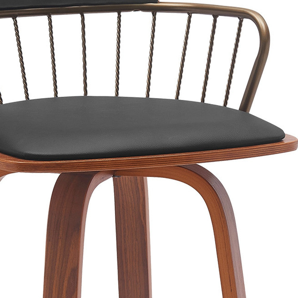 30" Black And Wood Brown Faux Leather Swivel Low Back Bar Height Bar Chair-8