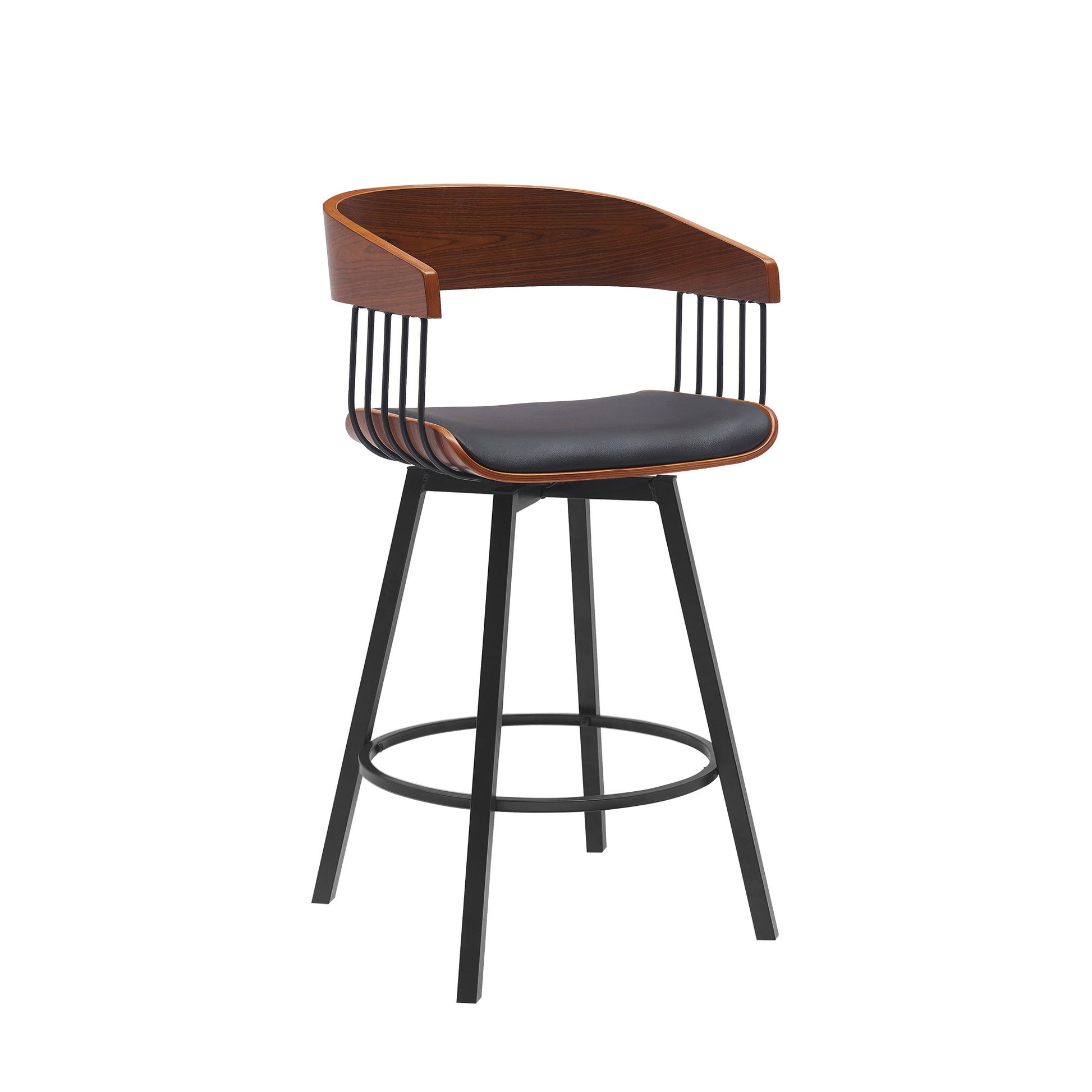 27" Black Faux Leather And Metal Swivel Low Back Counter Height Bar Chair-2