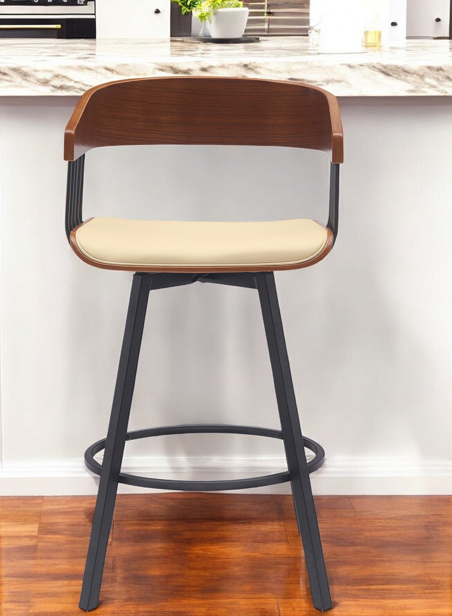 27" Cream and Black Faux Leather with Metal Swivel Counter Height Bar Chair-1