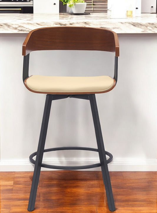 27" Cream and Black Faux Leather with Metal Swivel Counter Height Bar Chair-1