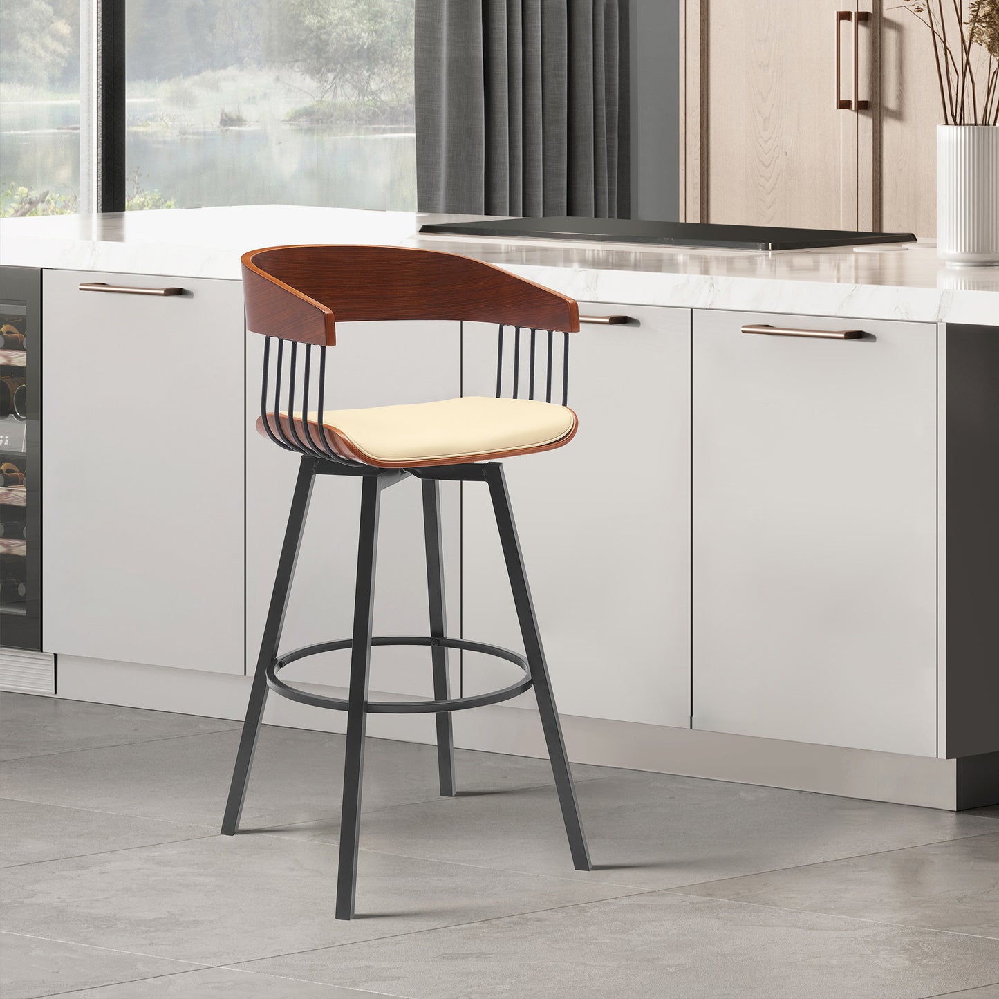 27" Cream and Black Faux Leather with Metal Swivel Counter Height Bar Chair-8
