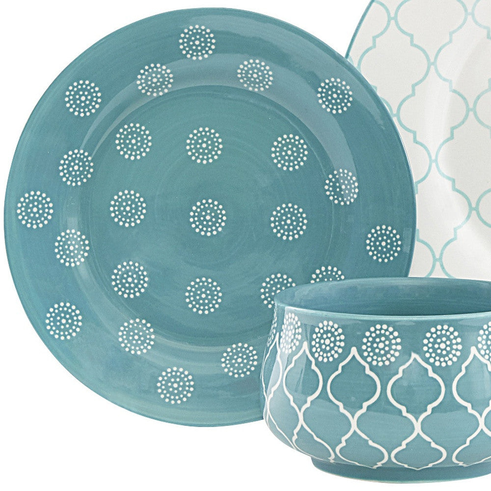 Turquoise Sixteen Piece Round Trellis Ceramic Service For Four Dinnerware Set-8