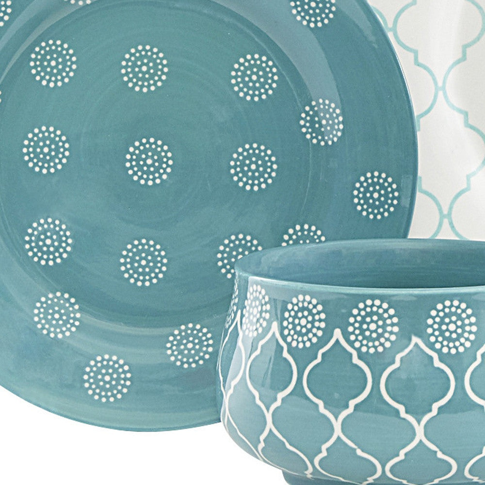 Turquoise Sixteen Piece Round Trellis Ceramic Service For Four Dinnerware Set-7