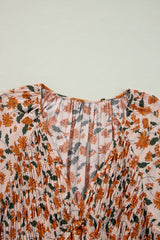Floral Smocked V-Neck Bubble Sleeve Babydoll Dress