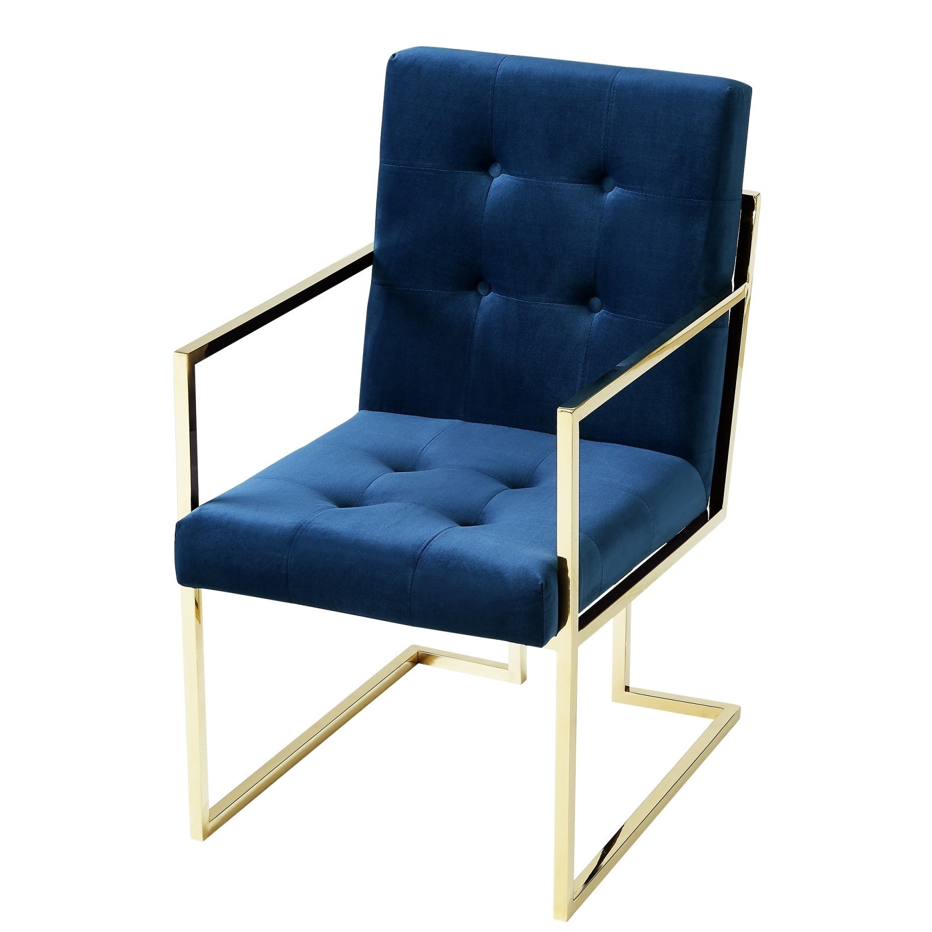 Set of Two Tufted Navy Blue and Gold Upholstered Velvet Dining Arm Chairs-3