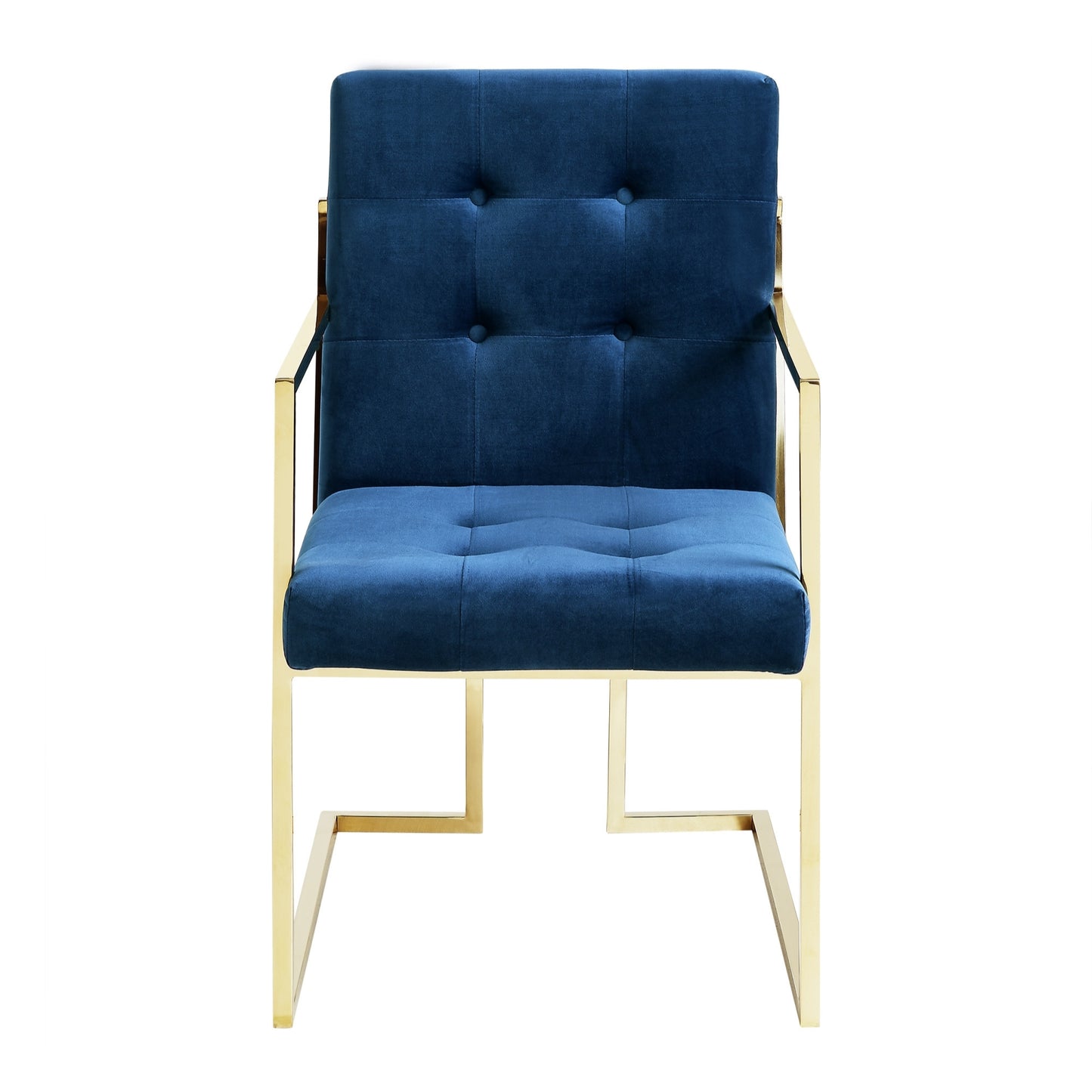 Set of Two Tufted Navy Blue and Gold Upholstered Velvet Dining Arm Chairs-8