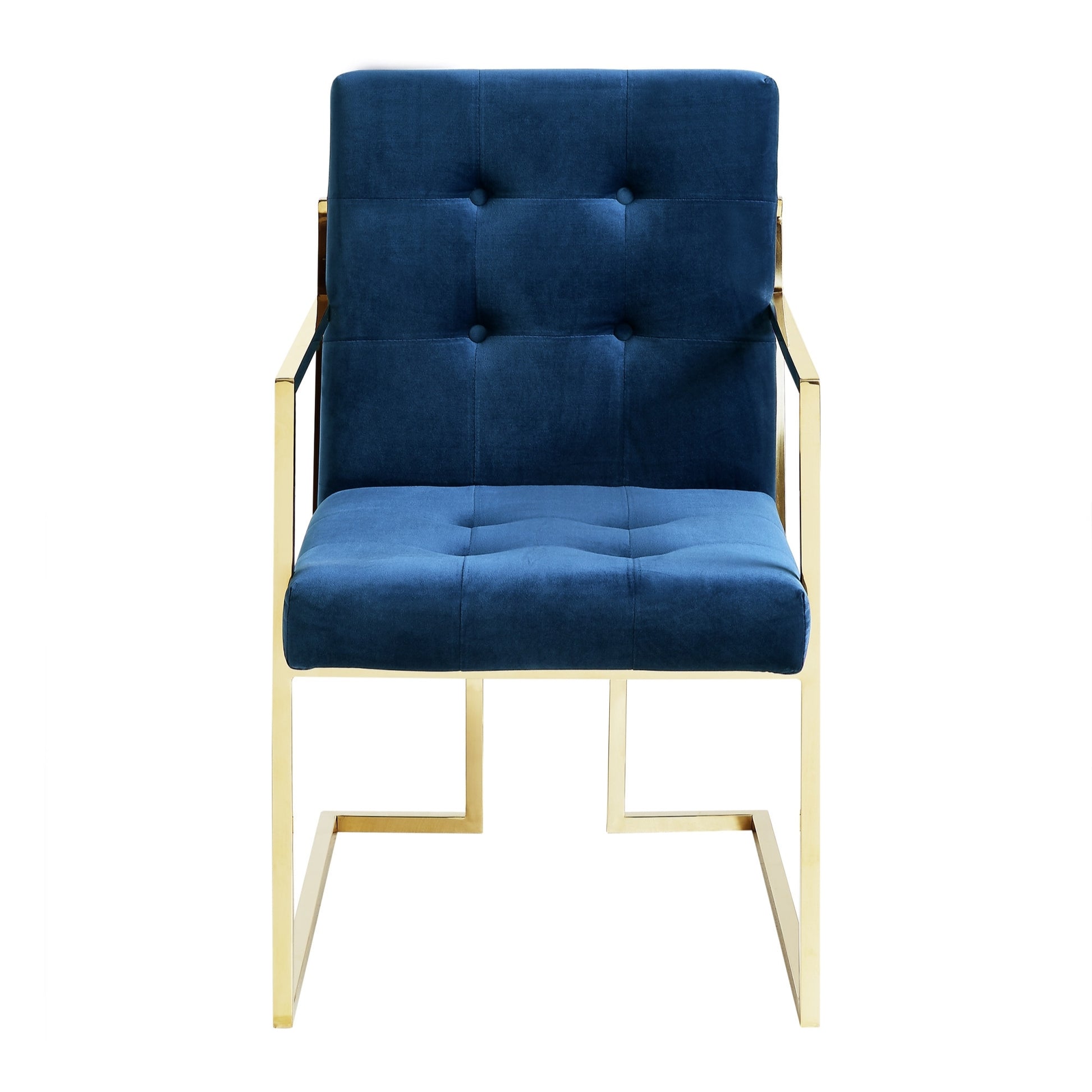 Set of Two Tufted Navy Blue and Gold Upholstered Velvet Dining Arm Chairs-8