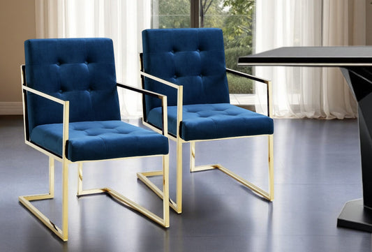 Set of Two Tufted Navy Blue and Gold Upholstered Velvet Dining Arm Chairs-0