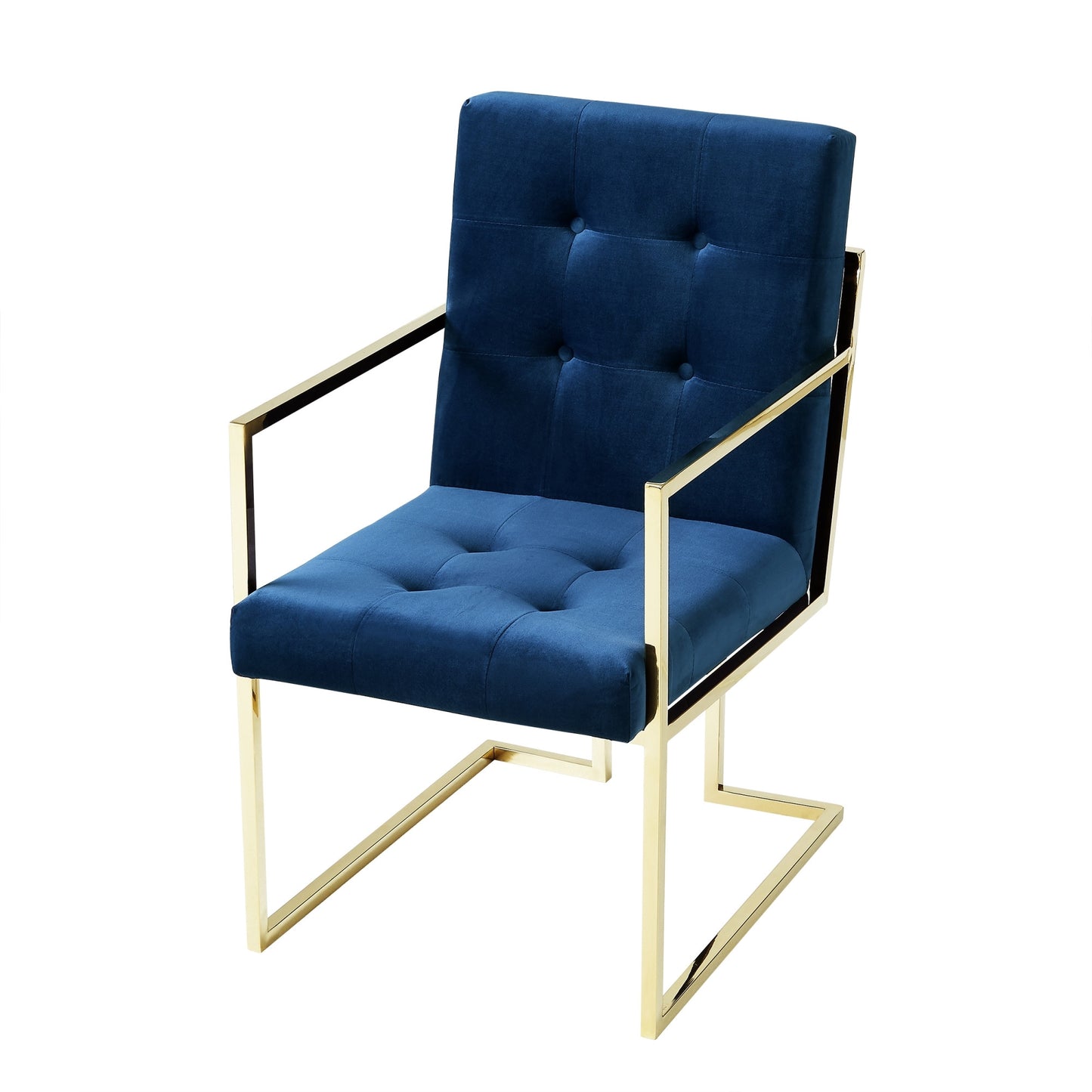 Set of Two Tufted Navy Blue and Gold Upholstered Velvet Dining Arm Chairs-4