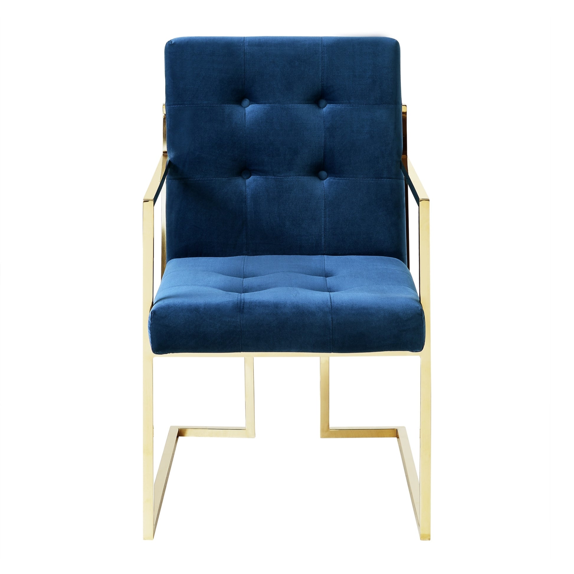 Set of Two Tufted Navy Blue and Gold Upholstered Velvet Dining Arm Chairs-2