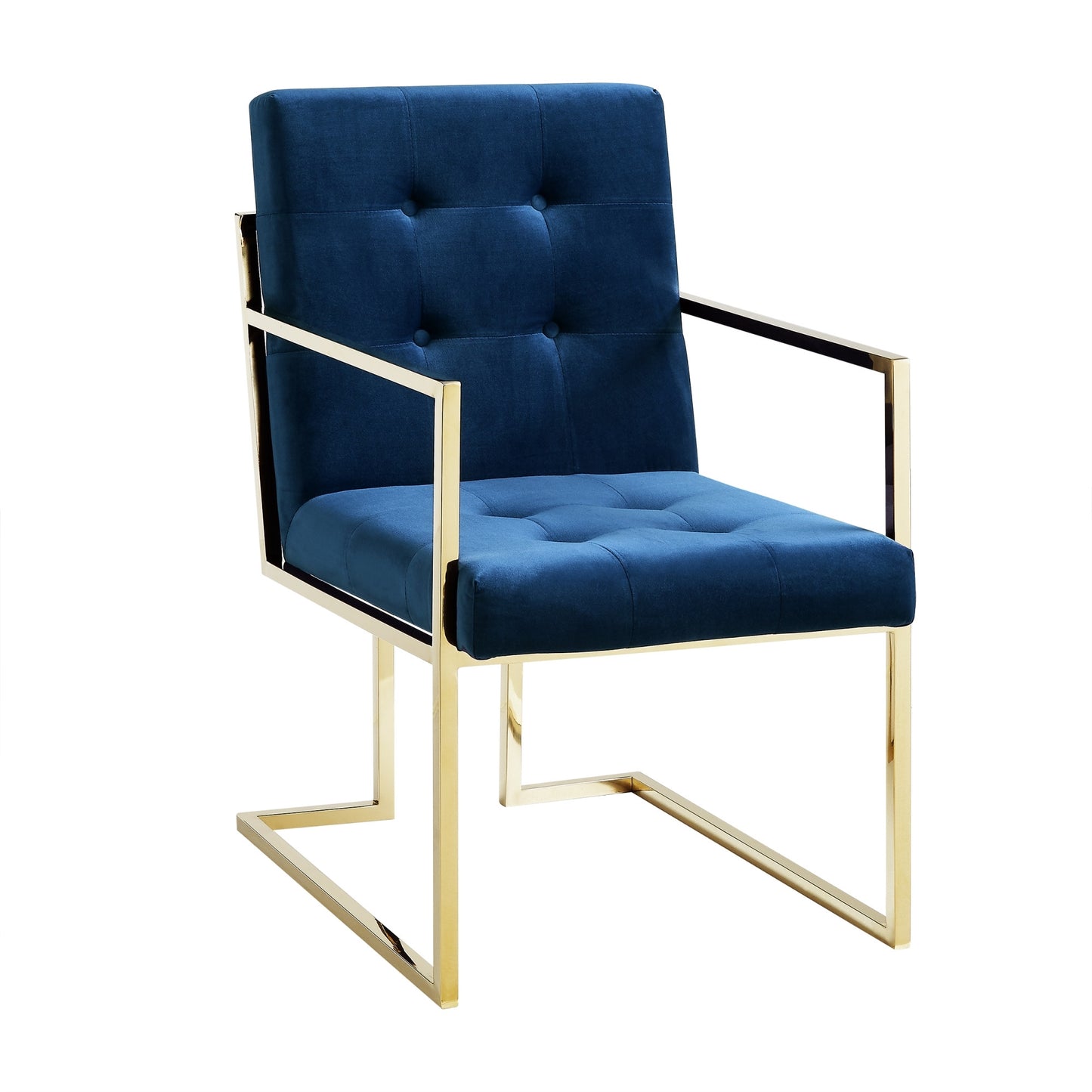 Set of Two Tufted Navy Blue and Gold Upholstered Velvet Dining Arm Chairs-5