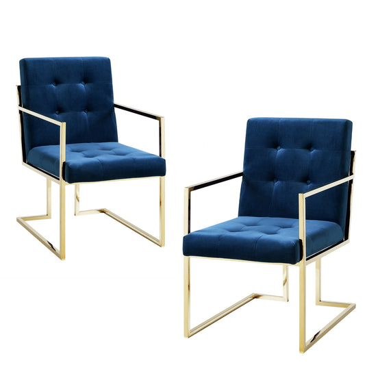 Set of Two Tufted Navy Blue and Gold Upholstered Velvet Dining Arm Chairs-1