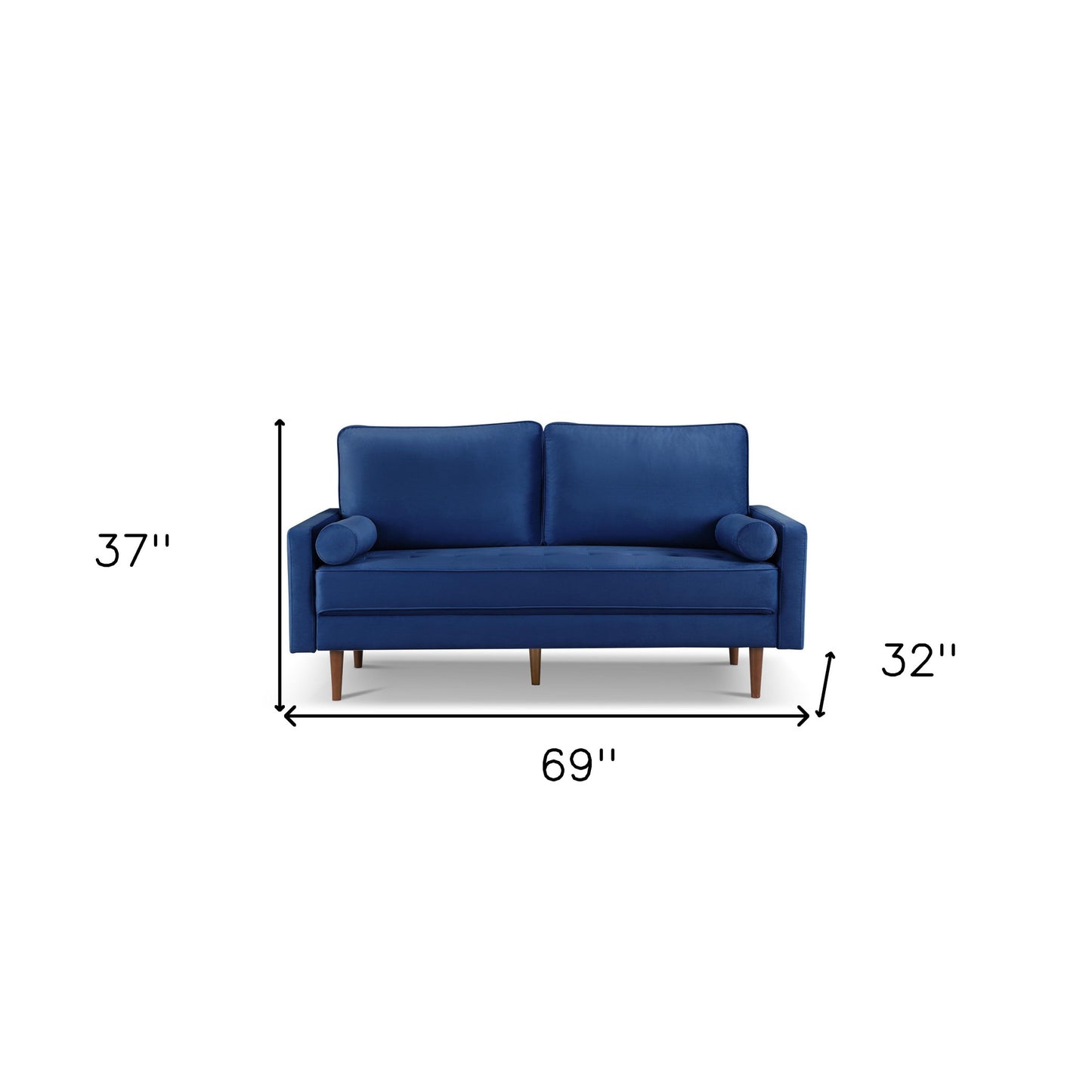 69" Blue Velvet Sofa And Toss Pillows With Dark Brown Legs-6