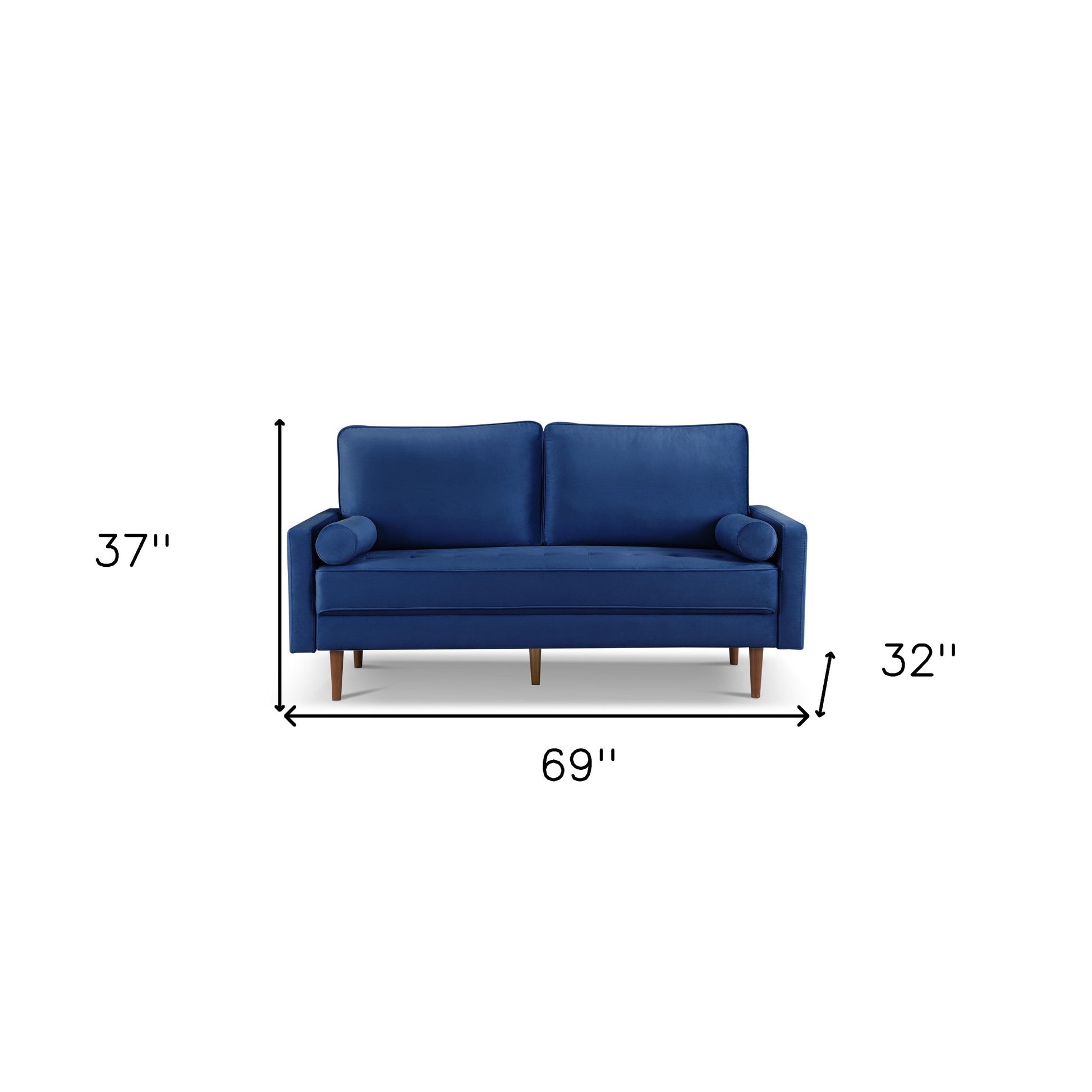69" Blue Velvet Sofa And Toss Pillows With Dark Brown Legs-6