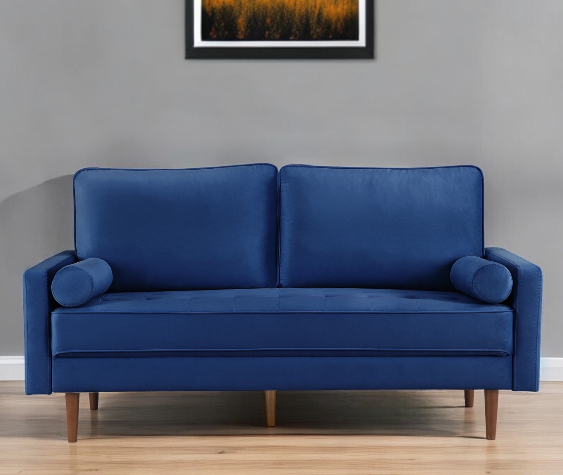 69" Blue Velvet Sofa And Toss Pillows With Dark Brown Legs-0