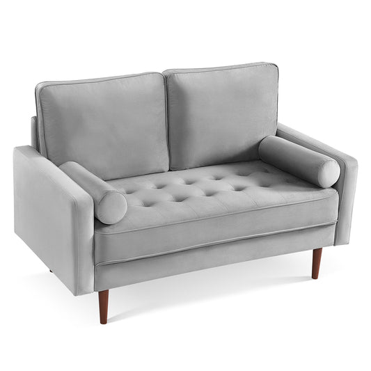57" Gray And Dark Brown Velvet Loveseat and Toss Pillows-0