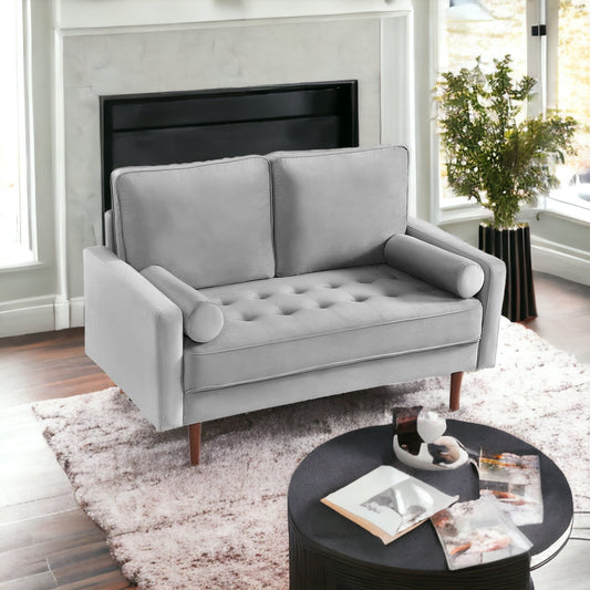 57" Gray And Dark Brown Velvet Loveseat and Toss Pillows-1