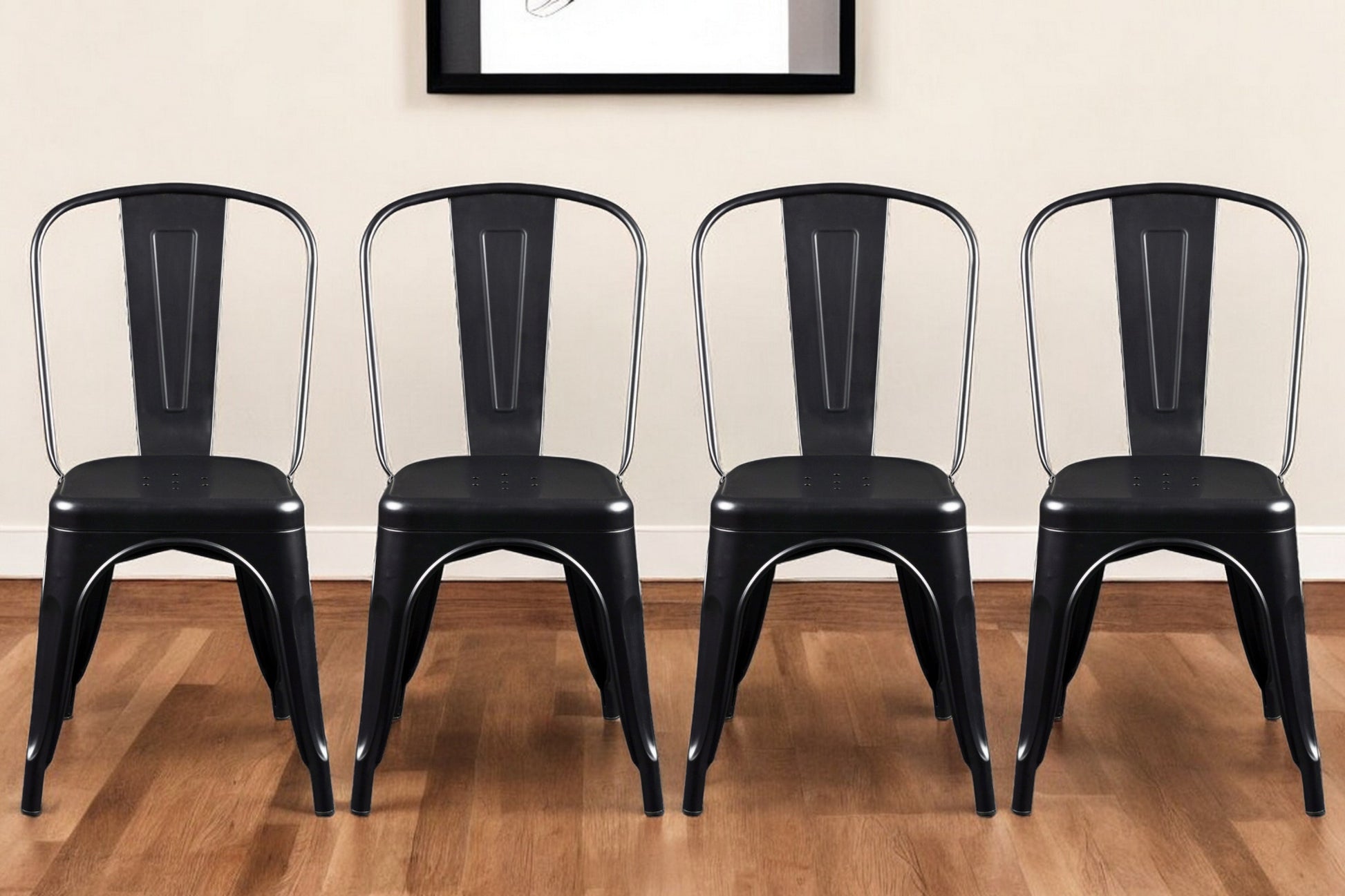 Set of Four Black Steel Dining Side Chairs-0