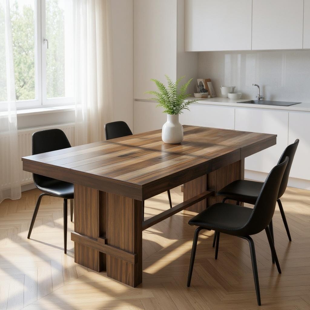 84" Dark Brown Wood Self-Storing Leaf Trestle Base Extension Dining Table-0