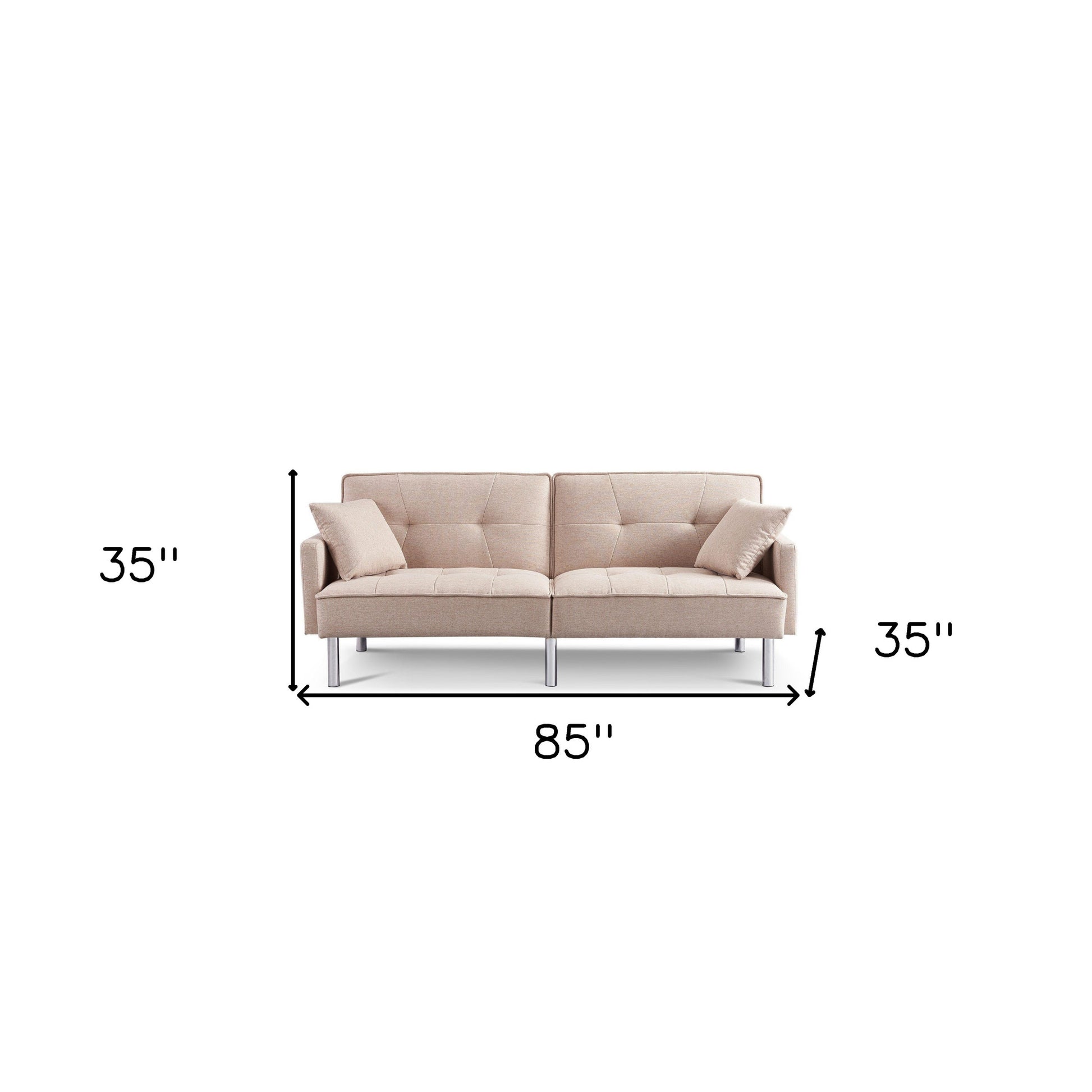 85" Beige Polyester Blend Convertible Futon Sleeper Sofa And Toss Pillows With Silver Legs-4