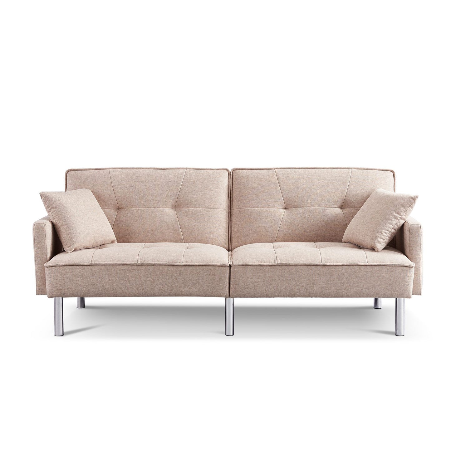 85" Beige Polyester Blend Convertible Futon Sleeper Sofa And Toss Pillows With Silver Legs-1