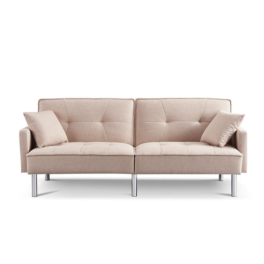 85" Beige Polyester Blend Convertible Futon Sleeper Sofa And Toss Pillows With Silver Legs-1