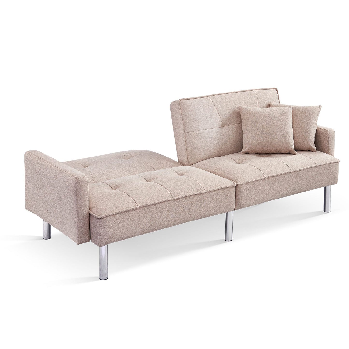 85" Beige Polyester Blend Convertible Futon Sleeper Sofa And Toss Pillows With Silver Legs-2