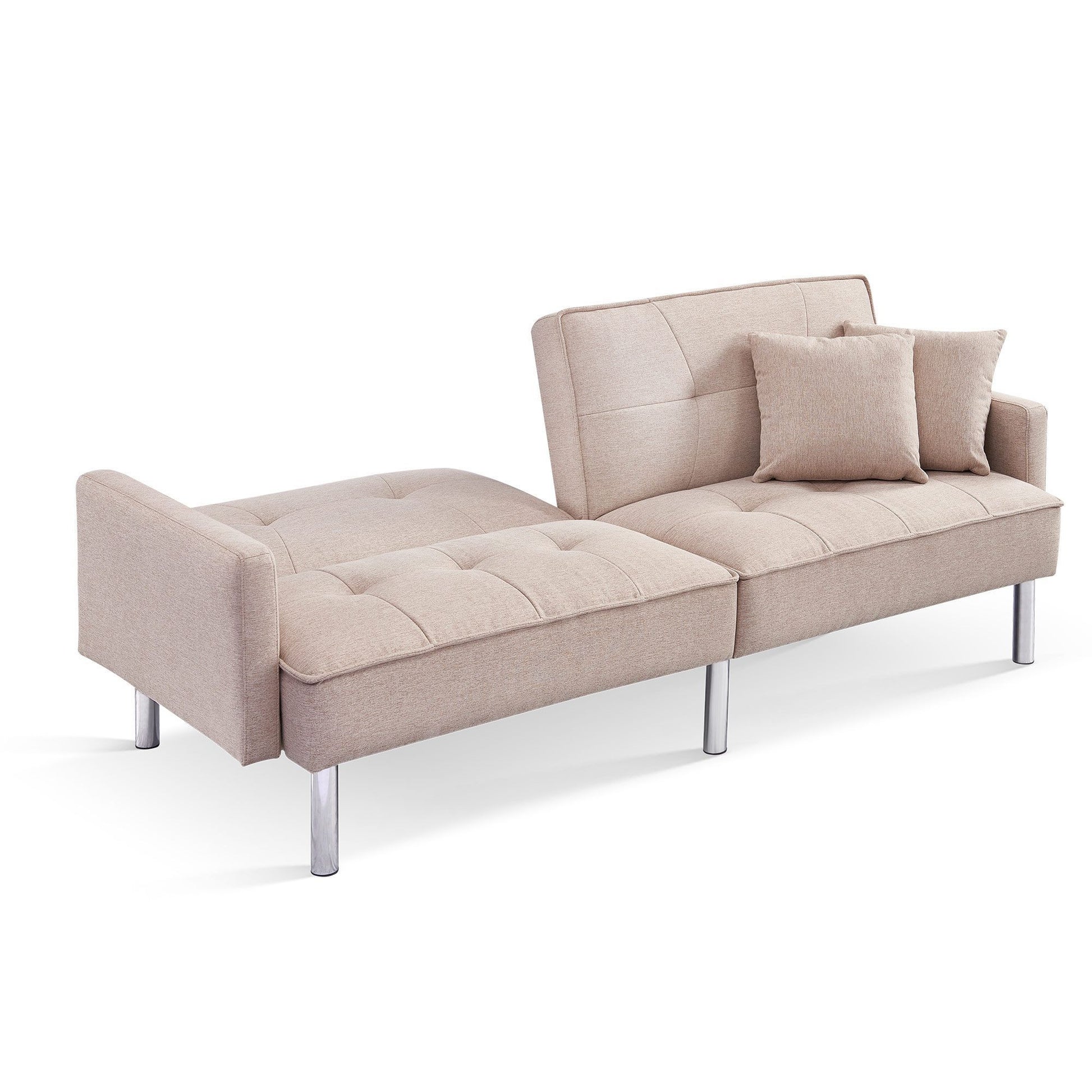 85" Beige Polyester Blend Convertible Futon Sleeper Sofa And Toss Pillows With Silver Legs-2
