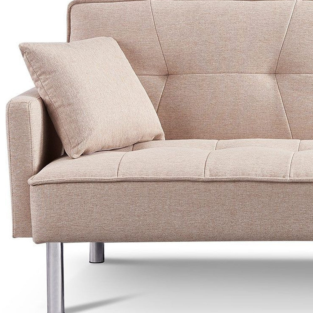 85" Beige Polyester Blend Convertible Futon Sleeper Sofa And Toss Pillows With Silver Legs-3