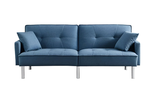 85" Blue Polyester Blend Convertible Futon Sleeper Sofa And Toss Pillows With Silver Legs-1