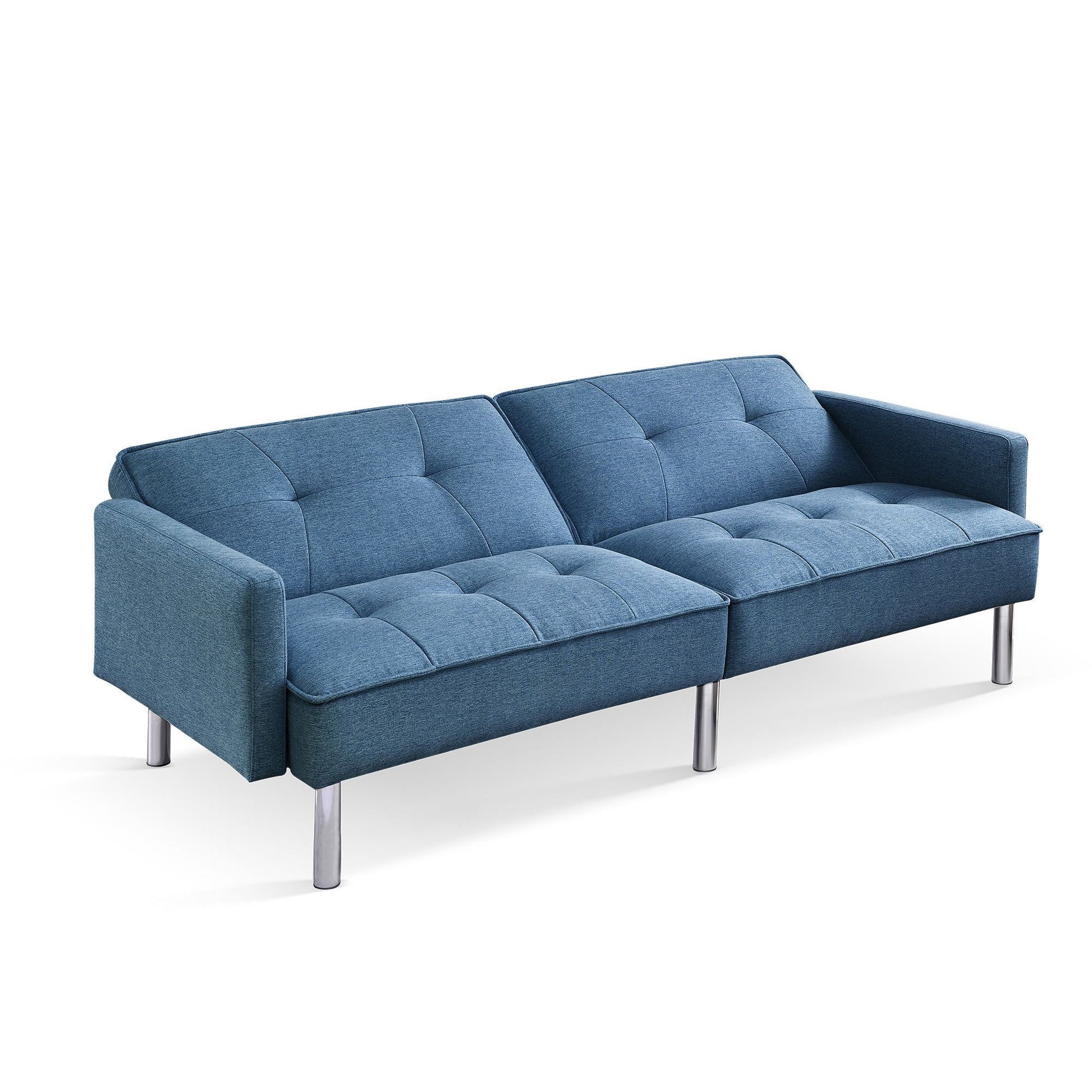 85" Blue Polyester Blend Convertible Futon Sleeper Sofa And Toss Pillows With Silver Legs-2